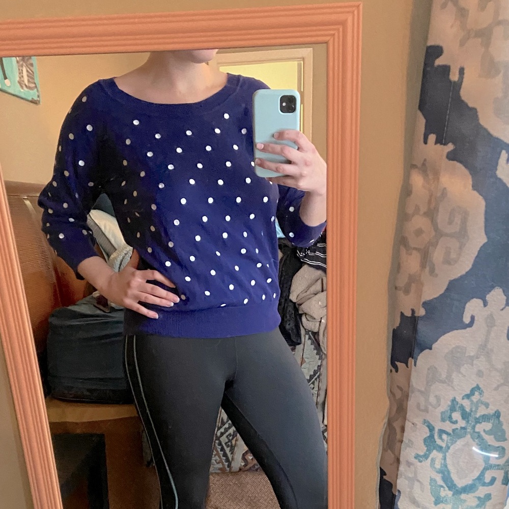 Navy Nine West sweater with white polka dots